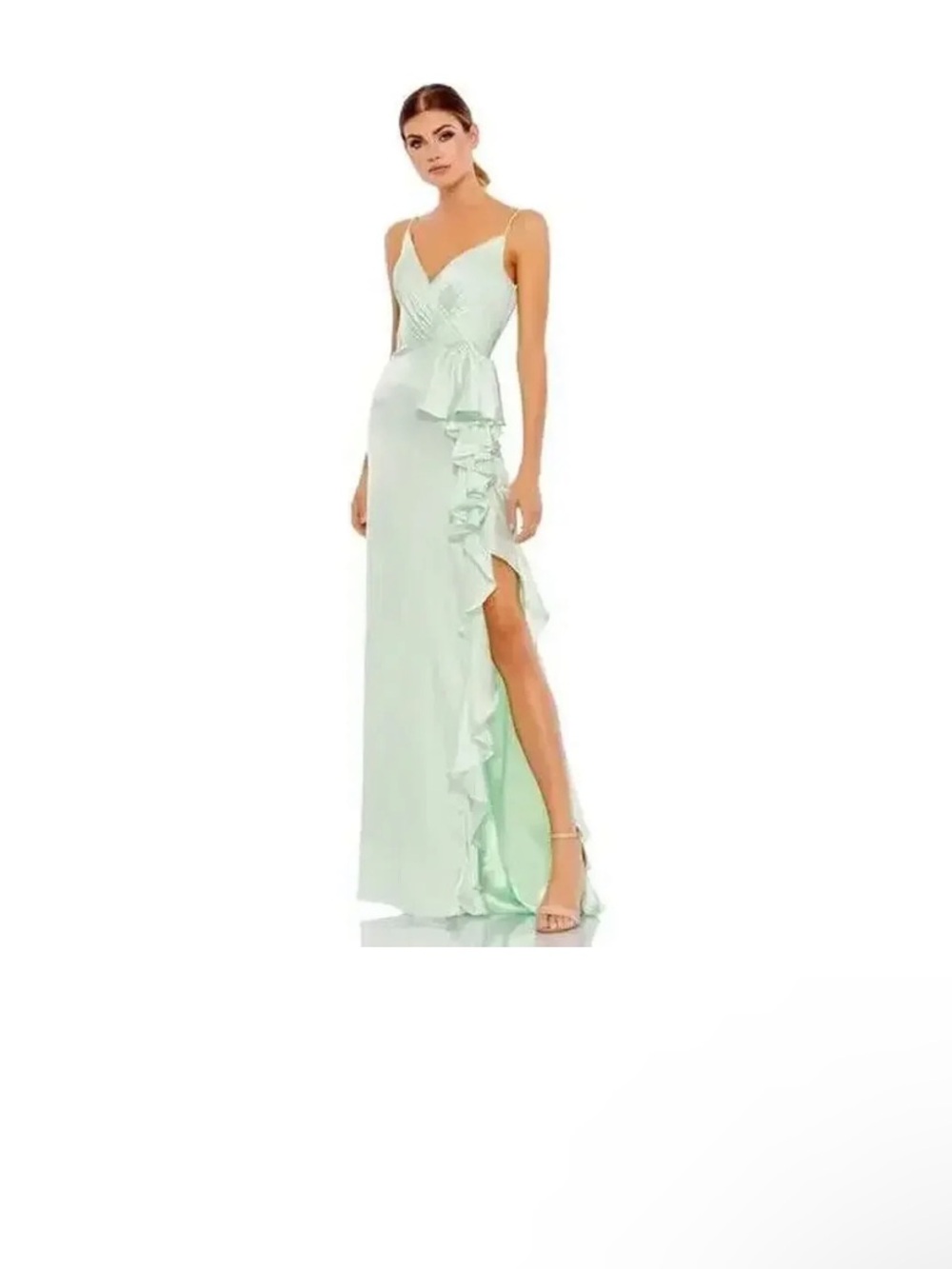 Mac Duggal Pistachio Satin Ruffled Asymmetrical Gown 67815